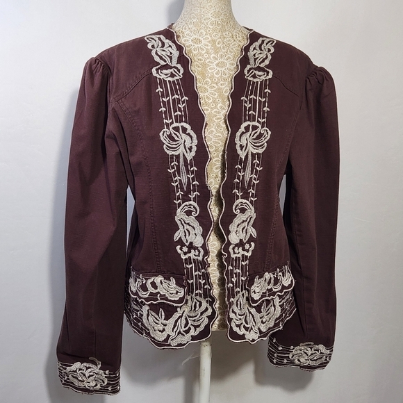 New Direction Women Brown Embroidered Long Sleeve Denim Jacket Size L Western - Picture 1 of 14